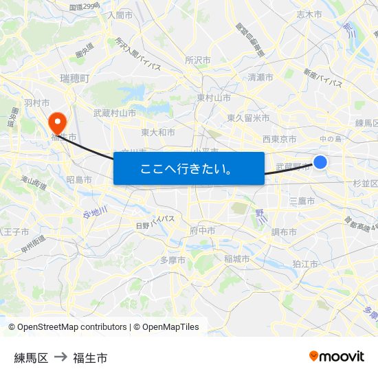 練馬区 to 福生市 map