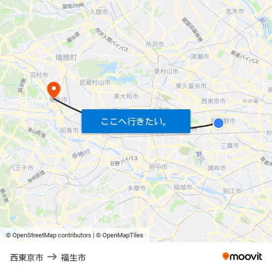 西東京市 to 福生市 map