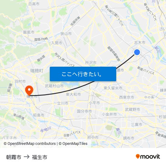 朝霞市 to 福生市 map