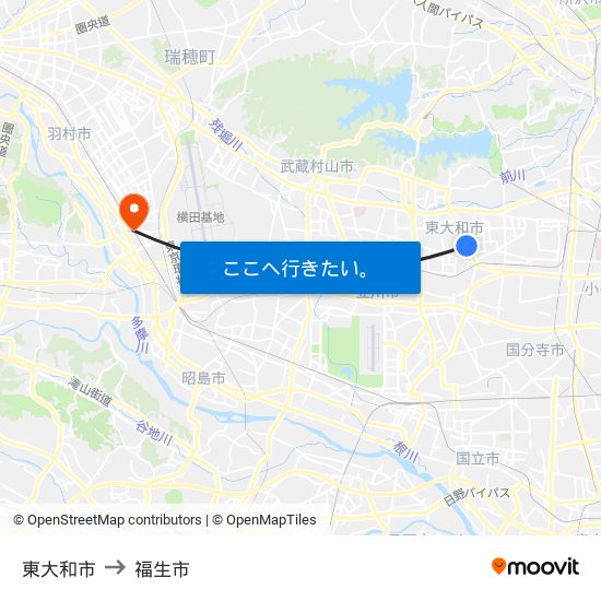 東大和市 to 福生市 map