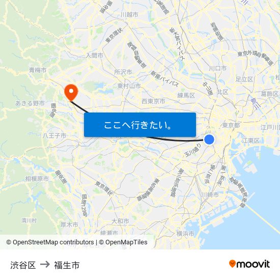 渋谷区 to 福生市 map