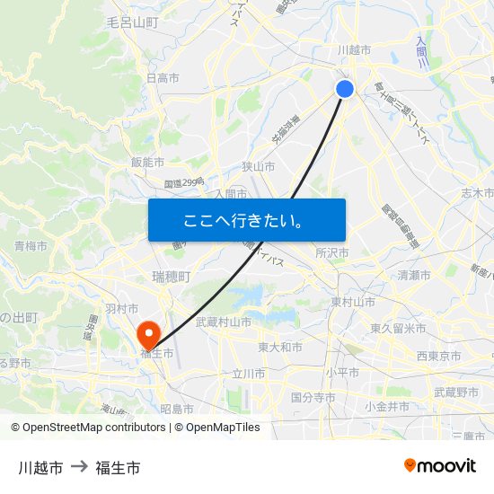 川越市 to 福生市 map