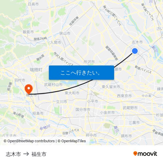 志木市 to 福生市 map