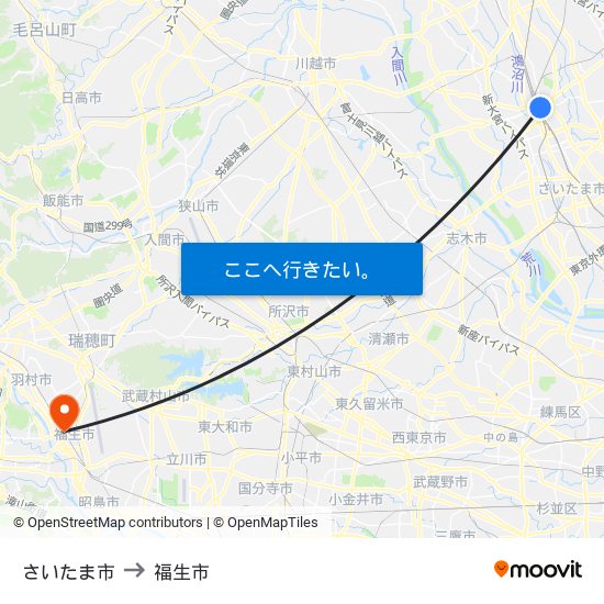 さいたま市 to 福生市 map