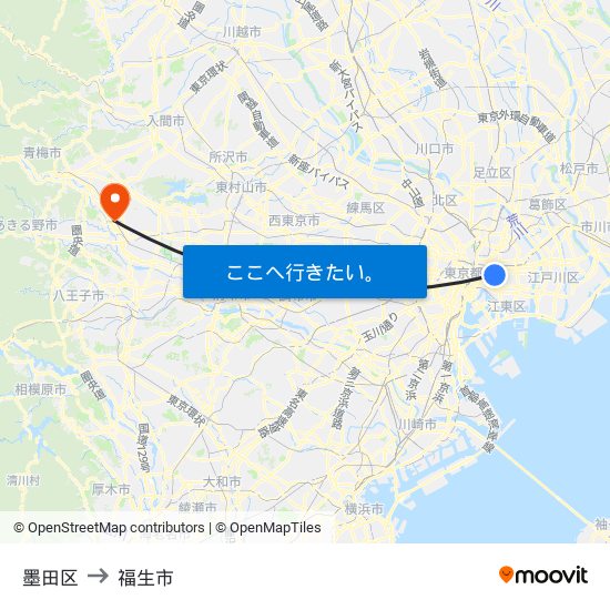 墨田区 to 福生市 map