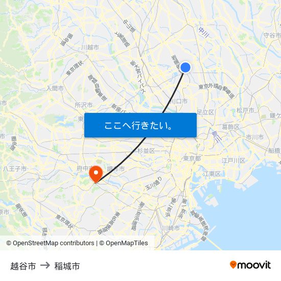 越谷市 to 稲城市 map