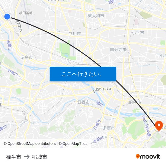 福生市 to 稲城市 map