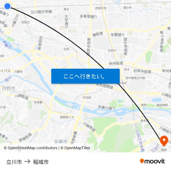 立川市 to 稲城市 map