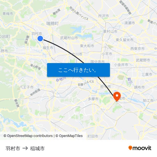 羽村市 to 稲城市 map