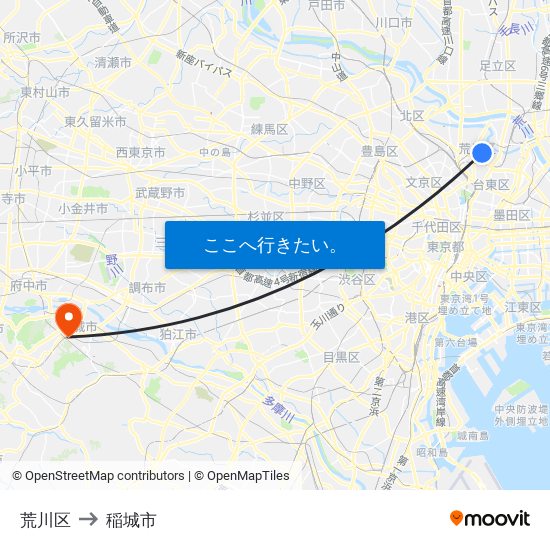 荒川区 to 稲城市 map