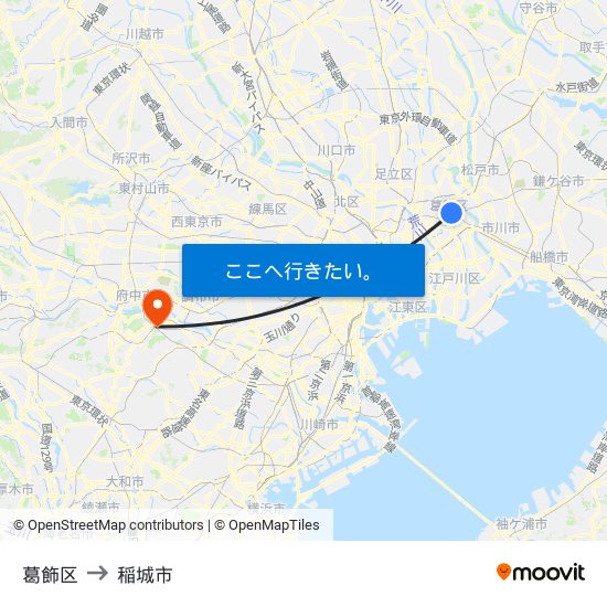 葛飾区 to 稲城市 map