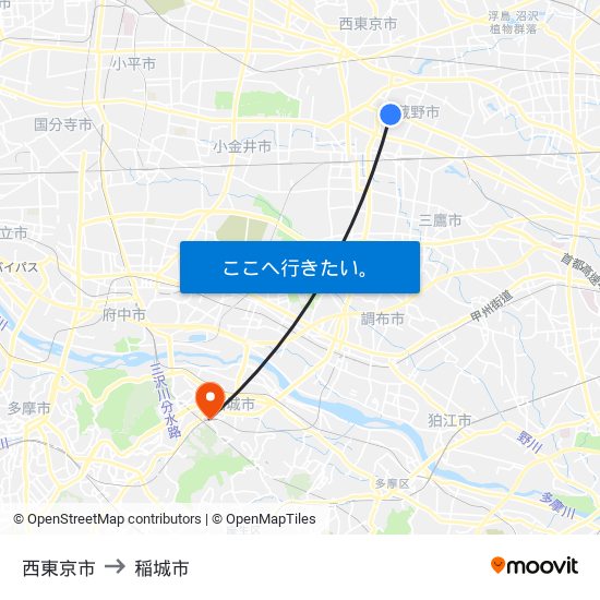 西東京市 to 稲城市 map