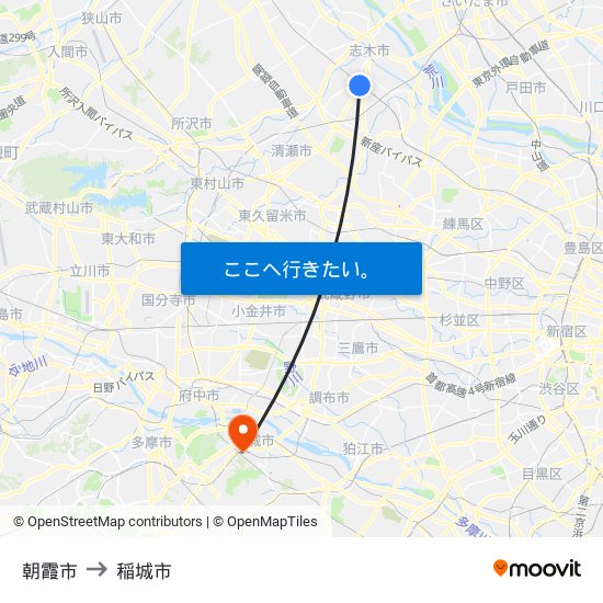 朝霞市 to 稲城市 map
