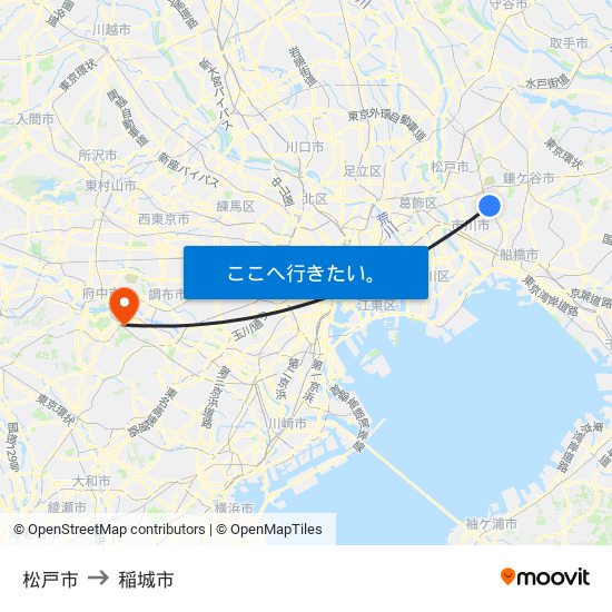 松戸市 to 稲城市 map
