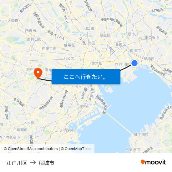 江戸川区 to 稲城市 map