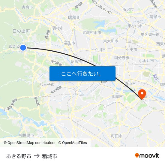あきる野市 to 稲城市 map