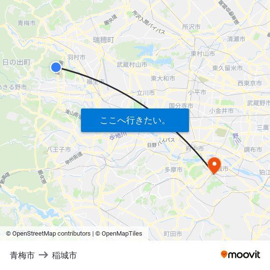 青梅市 to 稲城市 map