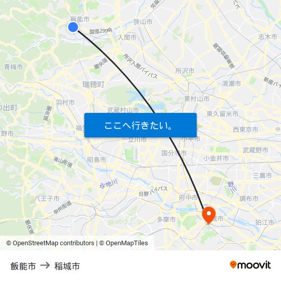 飯能市 to 稲城市 map