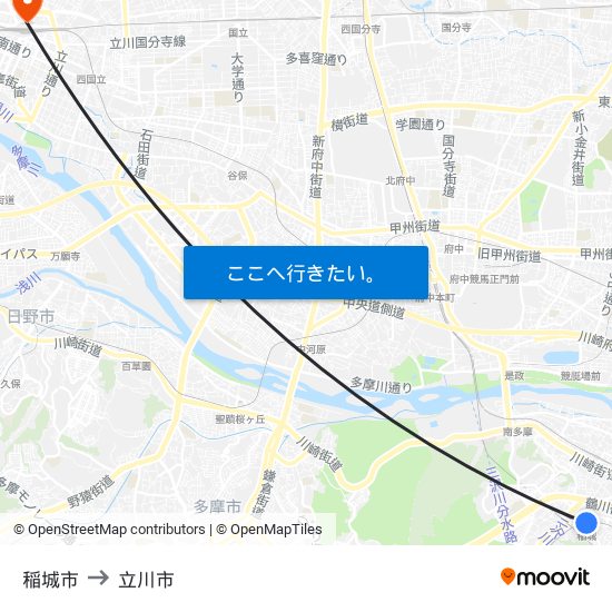 稲城市 to 立川市 map