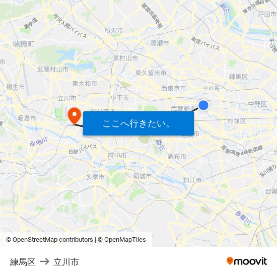 練馬区 to 立川市 map