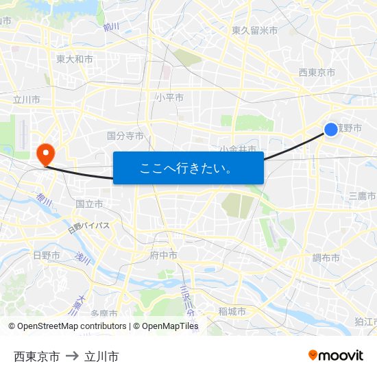 西東京市 to 立川市 map