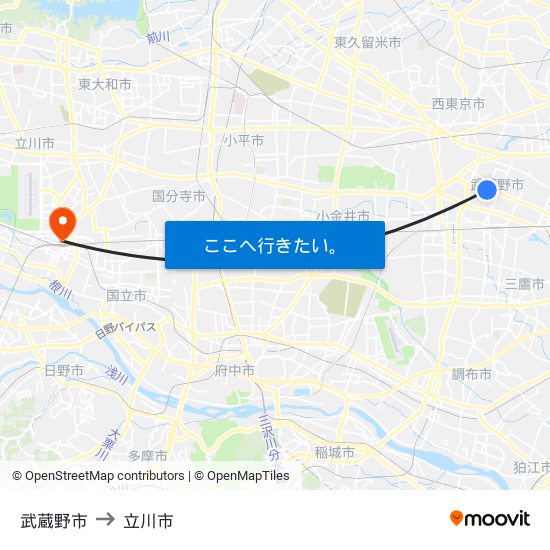 武蔵野市 to 立川市 map