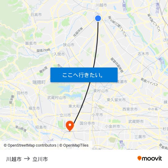 川越市 to 立川市 map