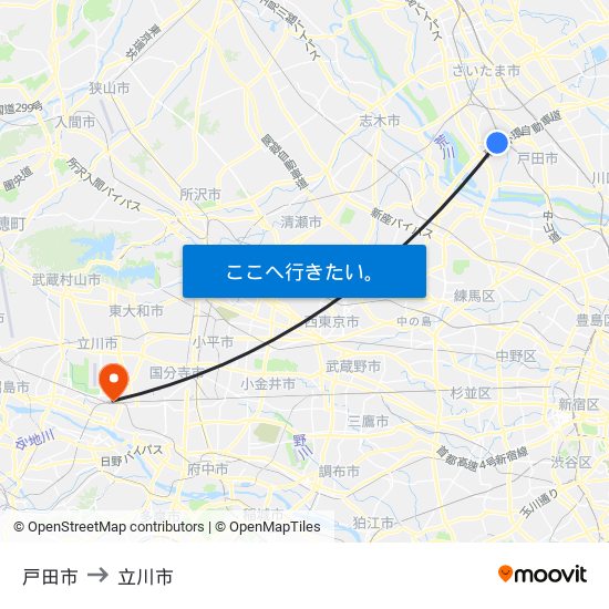 戸田市 to 立川市 map