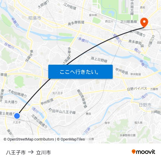 八王子市 to 立川市 map