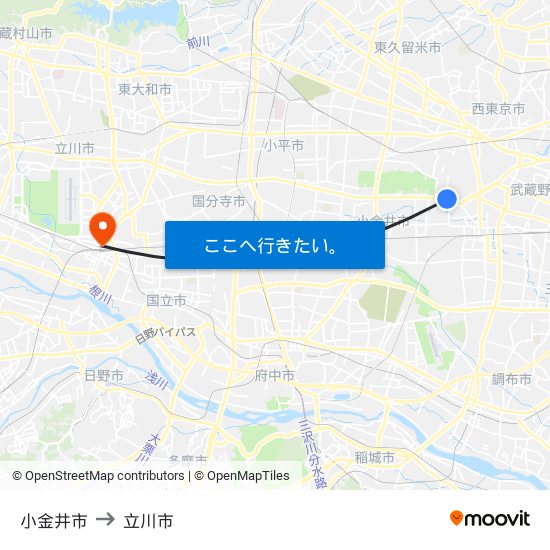 小金井市 to 立川市 map