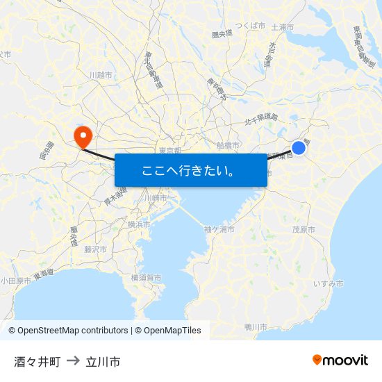 酒々井町 to 立川市 map