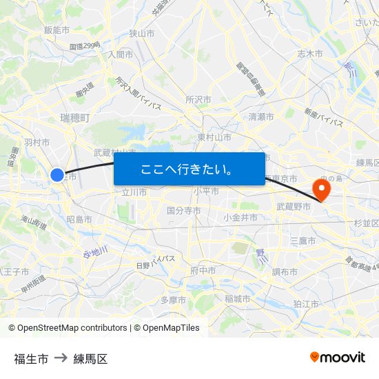 福生市 to 練馬区 map