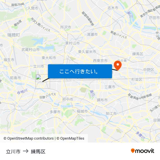 立川市 to 練馬区 map