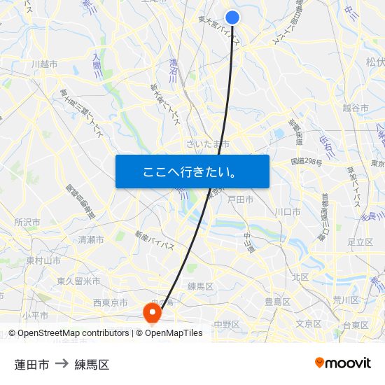 蓮田市 to 練馬区 map