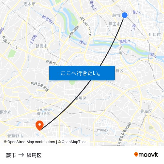 蕨市 to 練馬区 map