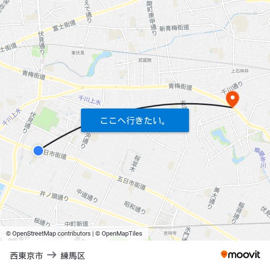 西東京市 to 練馬区 map