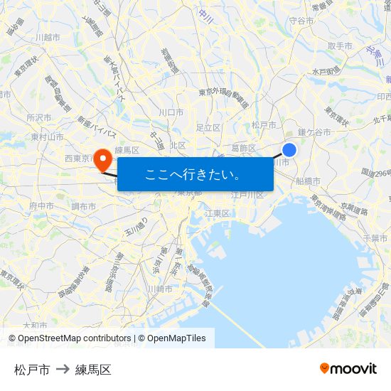 松戸市 to 練馬区 map