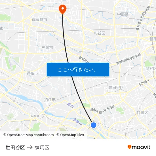 世田谷区 to 練馬区 map