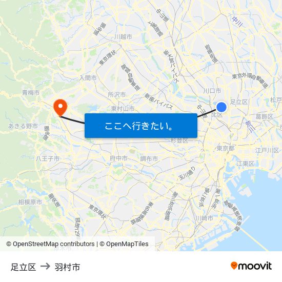 足立区 to 羽村市 map