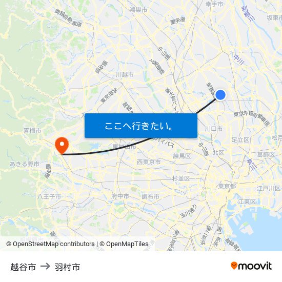 越谷市 to 羽村市 map