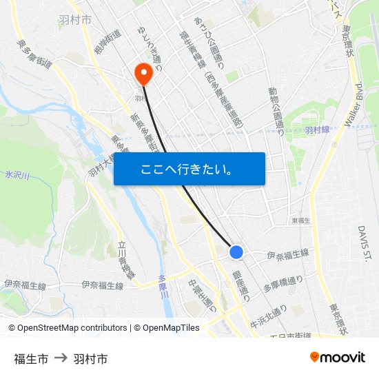 福生市 to 羽村市 map