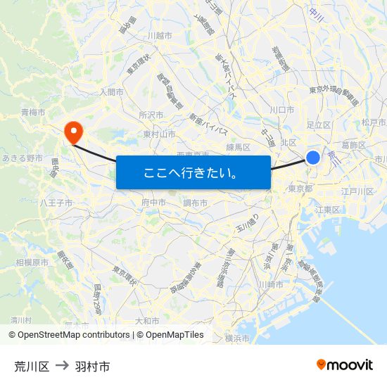 荒川区 to 羽村市 map