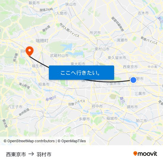 西東京市 to 羽村市 map