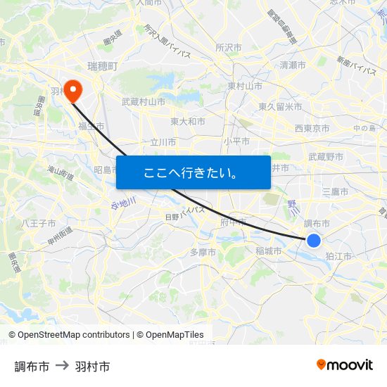 調布市 to 羽村市 map