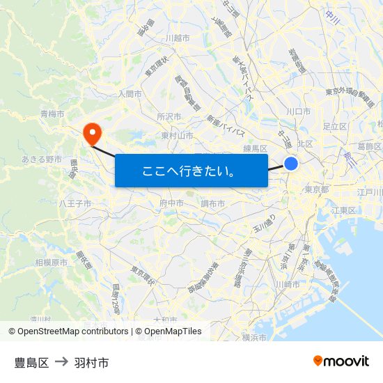 豊島区 to 羽村市 map