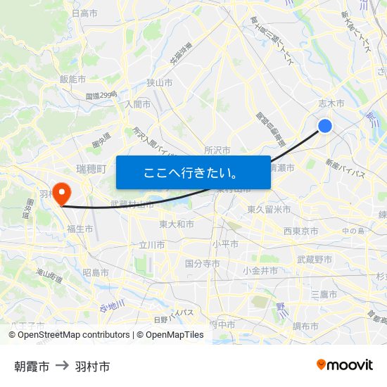 朝霞市 to 羽村市 map
