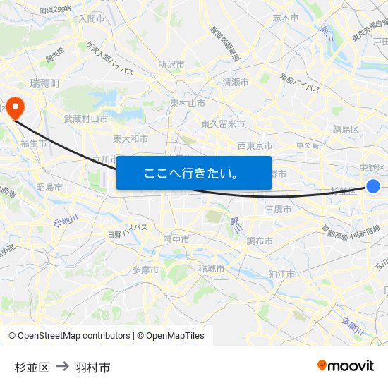杉並区 to 羽村市 map