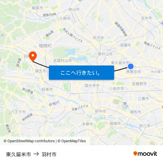 東久留米市 to 羽村市 map