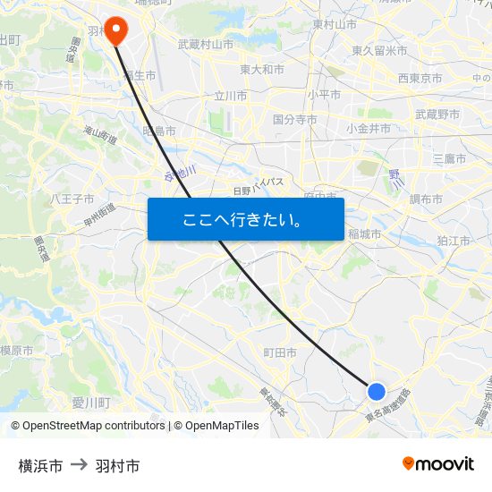 横浜市 to 羽村市 map