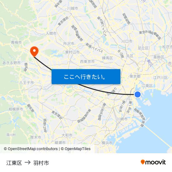 江東区 to 羽村市 map